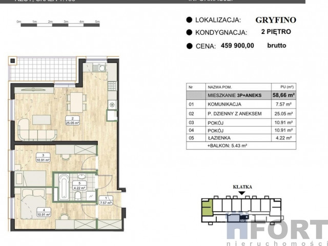 3 pok. 58m + balkon Gryfino